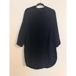 Cable Stitch Black Open Knit Mock Neck Poncho Sweater High Low L/XL